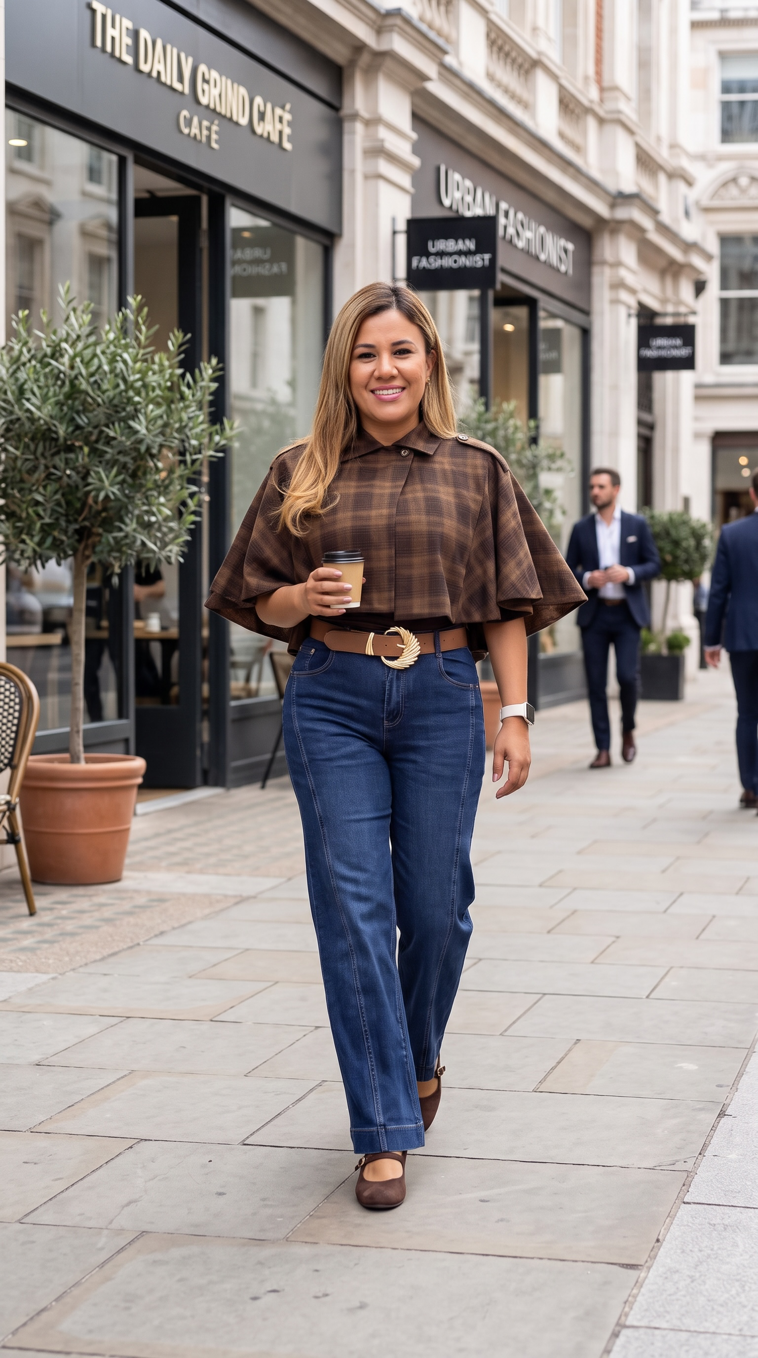 Blusa Capa Corta Café Estampada a Cuadros